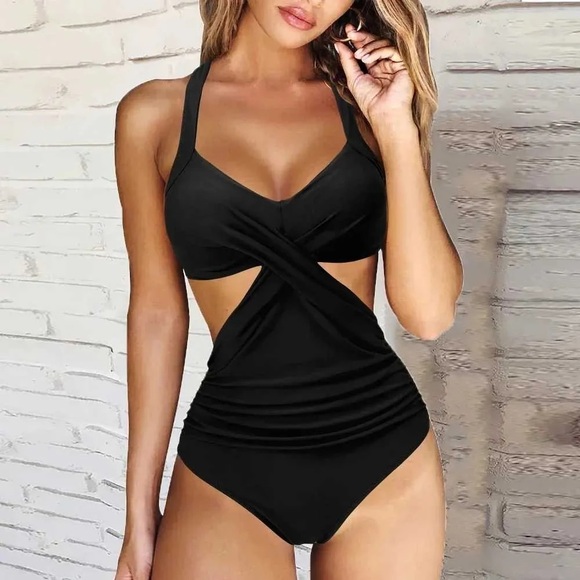 Women's Black V Neck One Piece Black Swimsuit Lace up Monokini NWOT Size M - Picture 1 of 2